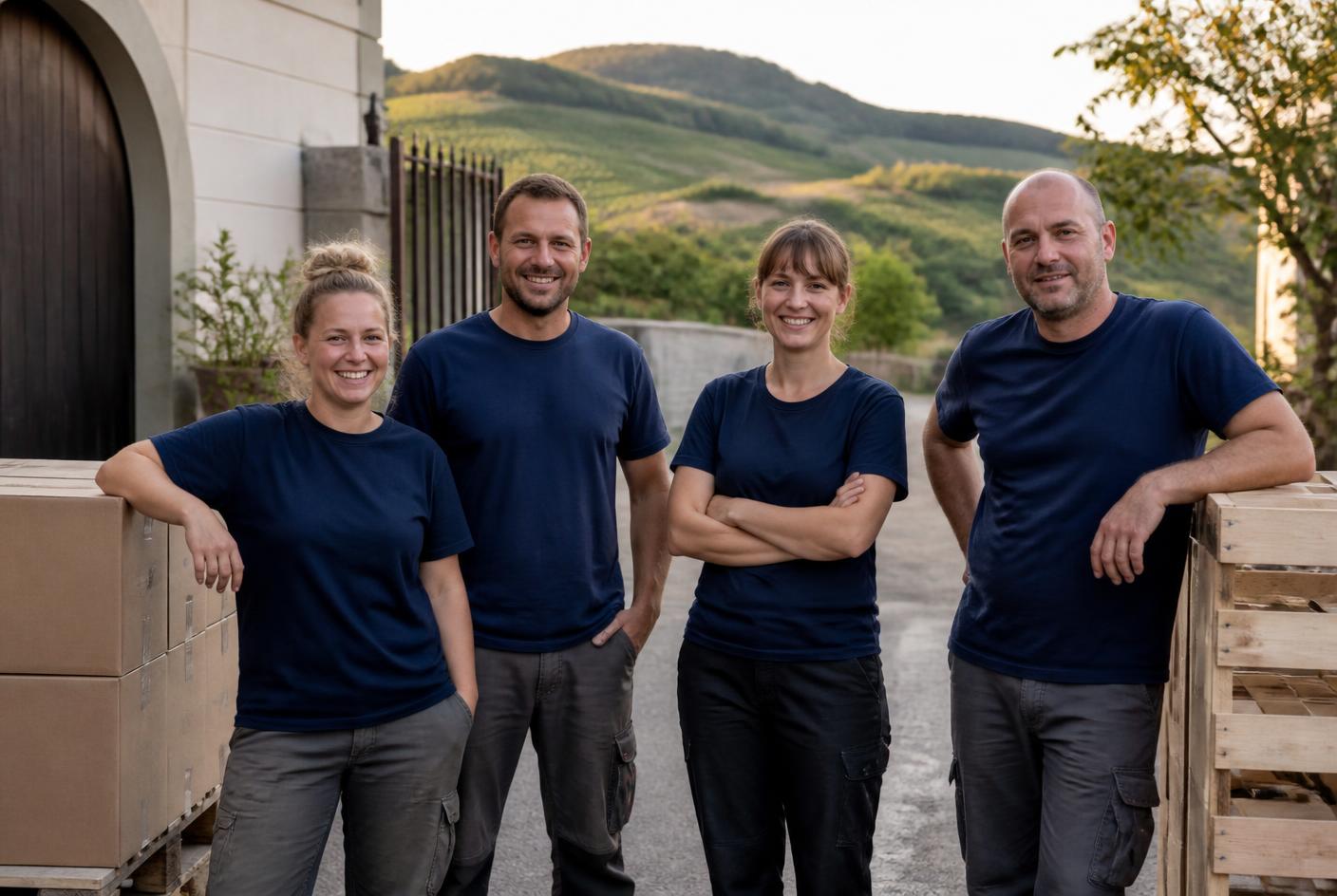 Servaio-Team vor einer Halle am Kaiserstuhl in Südbaden